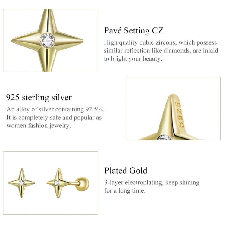 Bông tai nữ bạc S925 Sterling hình sao vàng, Sao vàng