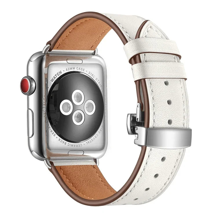Dây đồng hồ thay thế da thật + khóa bướm bạc cho Apple Watch Series 6 & SE & 5 & 4 44mm / 3 & 2 & 1 42mm, khóa bạc cho Apple Watch Series 7 45mm / 6 & SE & 5 & 4 44mm / 3 & 2 & 1 42mm