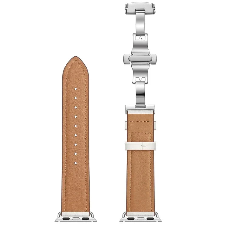 Dây đồng hồ thay thế da thật + khóa bướm bạc cho Apple Watch Series 6 & SE & 5 & 4 44mm / 3 & 2 & 1 42mm, khóa bạc cho Apple Watch Series 7 45mm / 6 & SE & 5 & 4 44mm / 3 & 2 & 1 42mm
