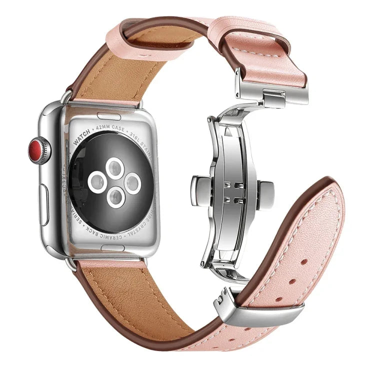Dây đồng hồ thay thế da thật + khóa bướm bạc cho Apple Watch Series 6 & SE & 5 & 4 40mm / 3 & 2 & 1 38mm, khóa bạc cho Apple Watch Series 7 41mm / 6 & SE & 5 & 4 40mm / 3 & 2 & 1 38mm