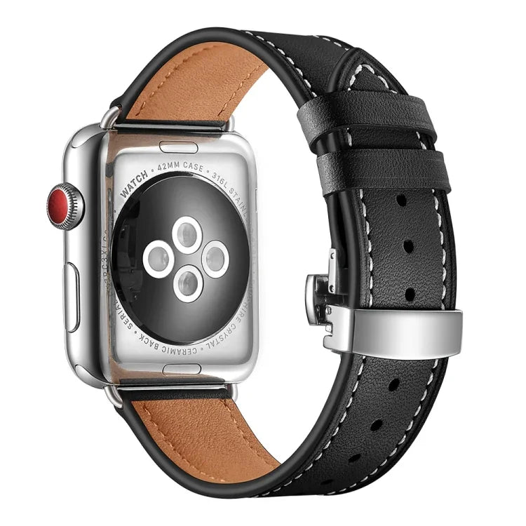Dây đồng hồ thay thế da thật + khóa bướm bạc cho Apple Watch Series 6 & SE & 5 & 4 40mm / 3 & 2 & 1 38mm, khóa bạc cho Apple Watch Series 7 41mm / 6 & SE & 5 & 4 40mm / 3 & 2 & 1 38mm
