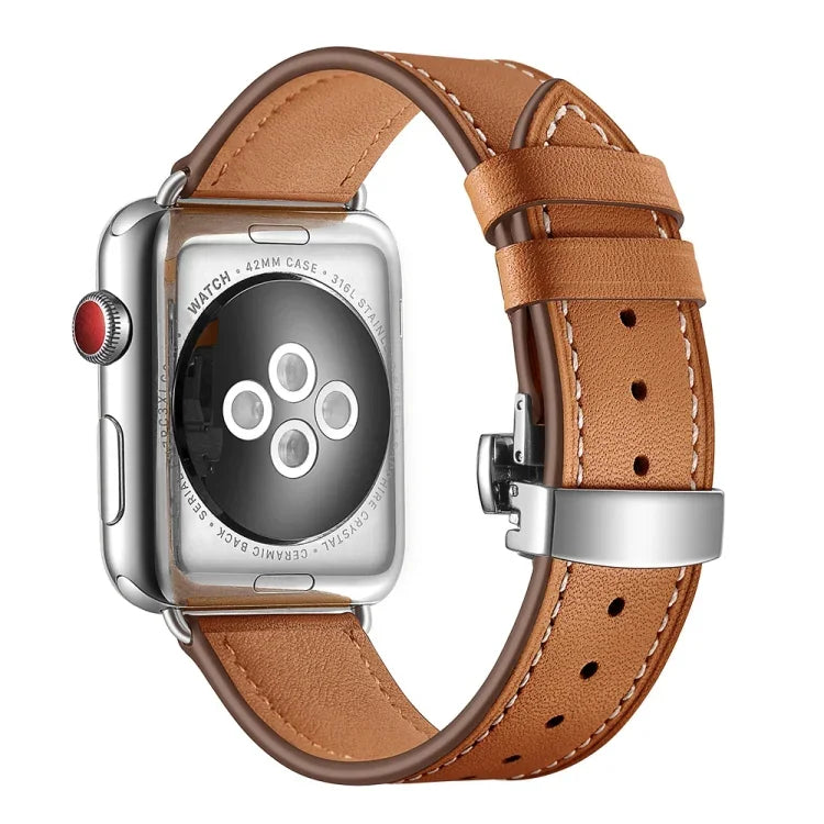 Dây đồng hồ thay thế da thật + khóa bướm bạc cho Apple Watch Series 6 & SE & 5 & 4 40mm / 3 & 2 & 1 38mm, khóa bạc cho Apple Watch Series 7 41mm / 6 & SE & 5 & 4 40mm / 3 & 2 & 1 38mm