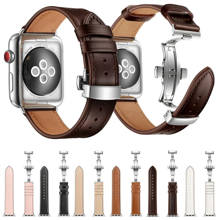 Dây đồng hồ thay thế da thật + khóa bướm bạc cho Apple Watch Series 6 & SE & 5 & 4 40mm / 3 & 2 & 1 38mm, khóa bạc cho Apple Watch Series 7 41mm / 6 & SE & 5 & 4 40mm / 3 & 2 & 1 38mm