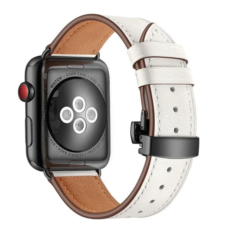 Dây đồng hồ thay thế da thật + khóa đen bướm cho Apple Watch Series 6 & SE & 5 & 4 44mm / 3 & 2 & 1 42mm, khóa đen cho Apple Watch Series 7 45mm / 6 & SE & 5 & 4 44mm / 3 & 2 & 1 42mm