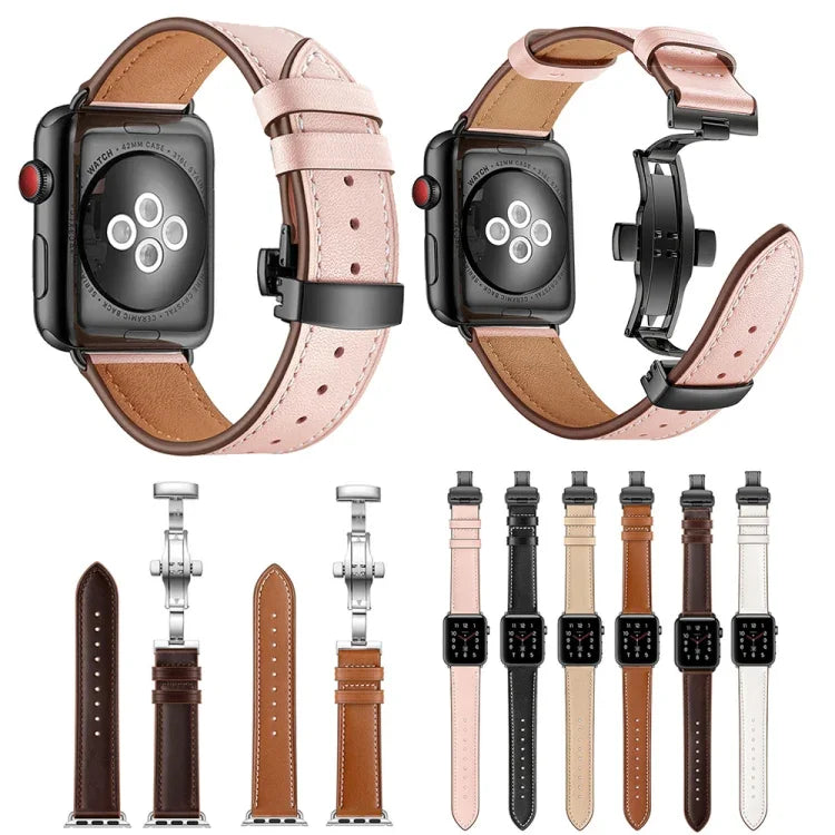 Dây đồng hồ thay thế da thật + khóa đen bướm cho Apple Watch Series 6 & SE & 5 & 4 44mm / 3 & 2 & 1 42mm, khóa đen cho Apple Watch Series 7 45mm / 6 & SE & 5 & 4 44mm / 3 & 2 & 1 42mm