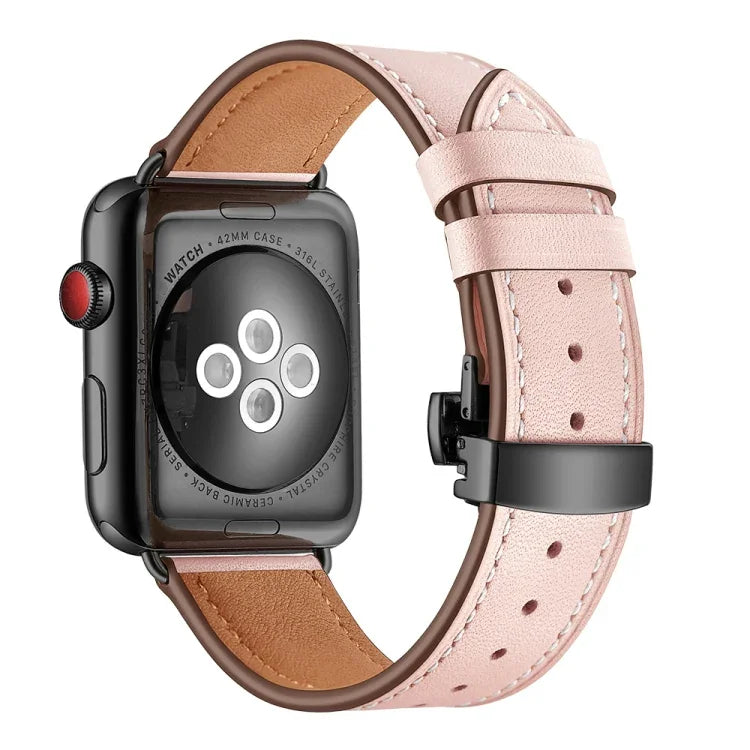 Dây đồng hồ thay thế khóa bướm màu đen bằng da thật cho Apple Watch Series 6 & SE & 5 & 4 40mm / 3 & 2 & 1 38mm, Khóa đen cho Apple Watch Series 8&7 41mm / SE 2&6&SE&5&4 40mm / 3&2&1 38mm