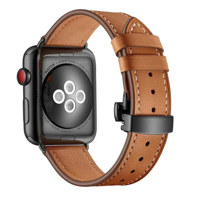 Dây đồng hồ thay thế khóa bướm màu đen bằng da thật cho Apple Watch Series 6 & SE & 5 & 4 40mm / 3 & 2 & 1 38mm, Khóa đen cho Apple Watch Series 8&7 41mm / SE 2&6&SE&5&4 40mm / 3&2&1 38mm