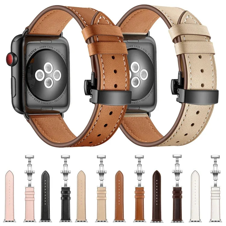 Dây đồng hồ thay thế khóa bướm màu đen bằng da thật cho Apple Watch Series 6 & SE & 5 & 4 40mm / 3 & 2 & 1 38mm, Khóa đen cho Apple Watch Series 8&7 41mm / SE 2&6&SE&5&4 40mm / 3&2&1 38mm