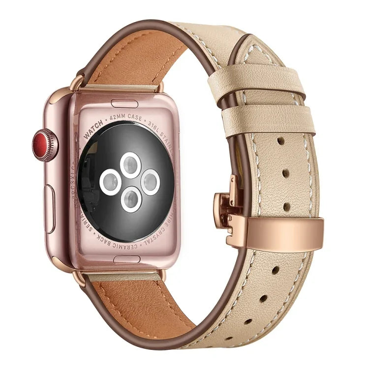 Dây đồng hồ thay thế khóa bướm màu vàng hồng bằng da thật cho Apple Watch Series 6 & SE & 5 & 4 40mm / 3 & 2 & 1 38mm, Khóa vàng hồng cho Apple Watch Series 7 41mm / 6 & SE & 5 & 4 40mm / 3 & 2 & 1 38mm