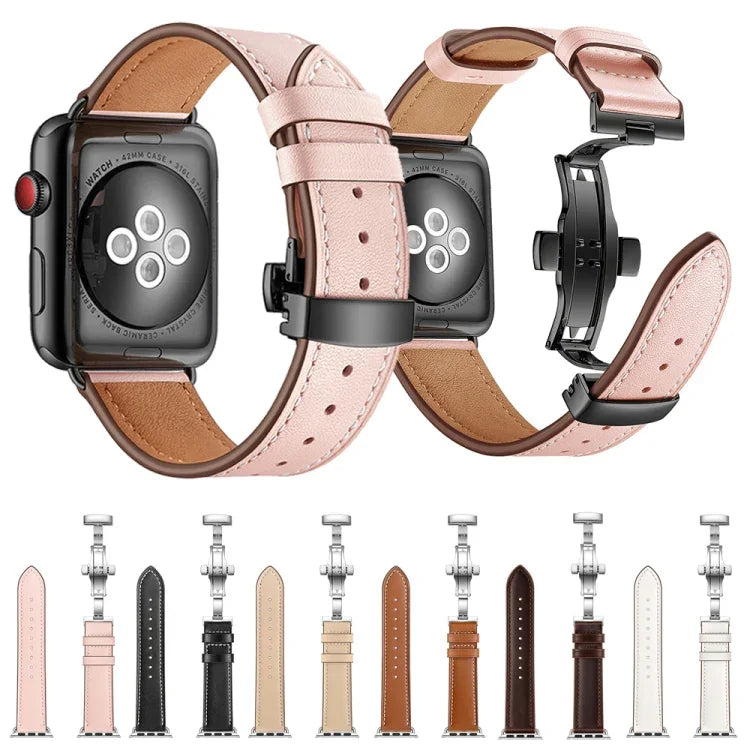 Dây đồng hồ thay thế khóa bướm màu vàng hồng bằng da thật cho Apple Watch Series 6 & SE & 5 & 4 40mm / 3 & 2 & 1 38mm, Khóa vàng hồng cho Apple Watch Series 7 41mm / 6 & SE & 5 & 4 40mm / 3 & 2 & 1 38mm