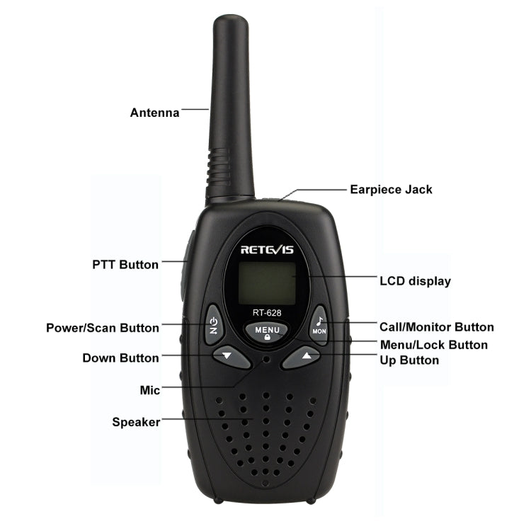1 cặp bộ đàm cầm tay RETEVIS RT628 công suất 0.5W tần số Mỹ 462.550-467.7125MHz 22 kênh cho trẻ em, RT628 (Màu đen), RT628 (Màu trắng), RT628 (Màu đỏ)