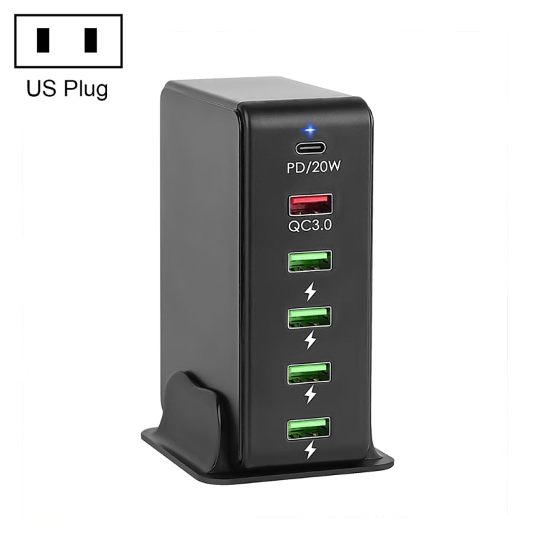 Bộ sạc du lịch đa cổng 6 trong 1 65W PD USB-C / Type-C + QC 3.0 USB + 4 cổng USB, phích cắm US, EU, UK, AU