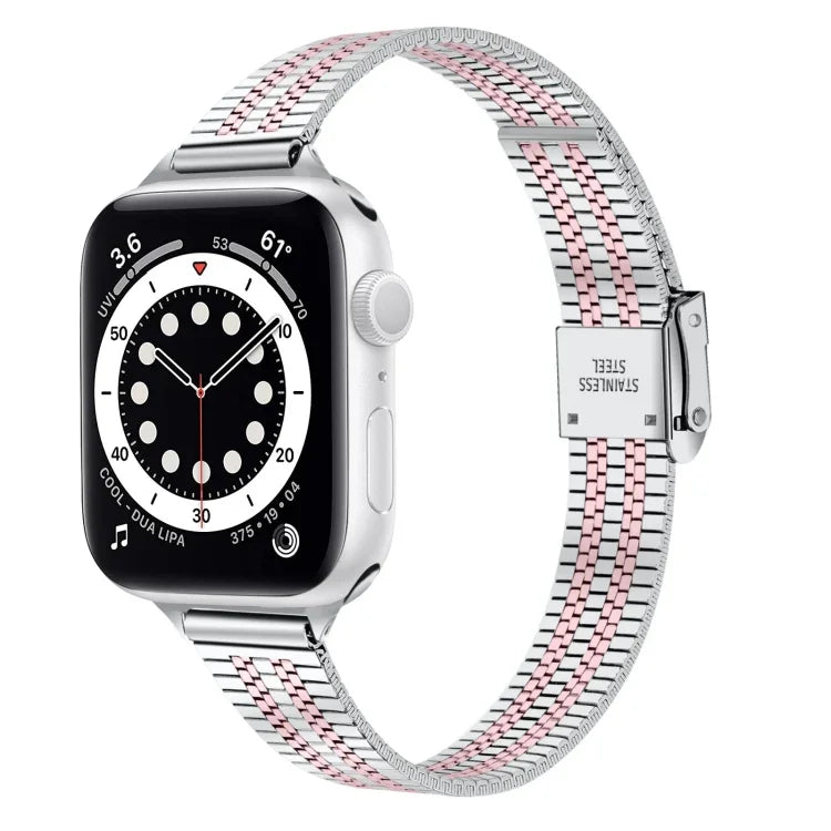 Dây đồng hồ thay thế thép mảnh khóa an toàn đôi bảy hạt 14mm cho Apple Watch Series, 7 41mm / 6 & SE & 5 & 4 40mm / 3 & 2 & 1 38mm, 7 45mm / 6 & SE & 5 & 4 44mm / 3 & 2 & 1 42mm
