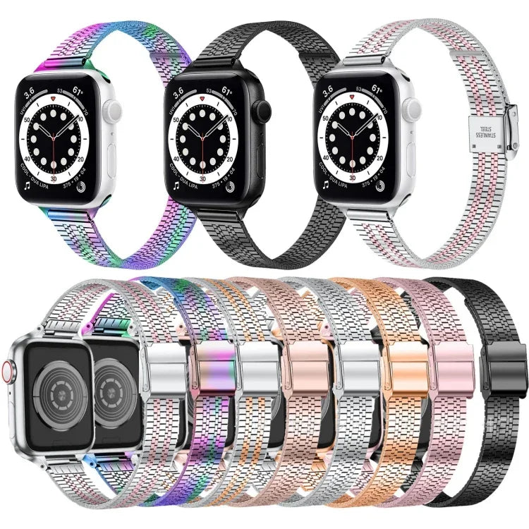 Dây đồng hồ thay thế thép mảnh khóa an toàn đôi bảy hạt 14mm cho Apple Watch Series, 7 41mm / 6 & SE & 5 & 4 40mm / 3 & 2 & 1 38mm, 7 45mm / 6 & SE & 5 & 4 44mm / 3 & 2 & 1 42mm