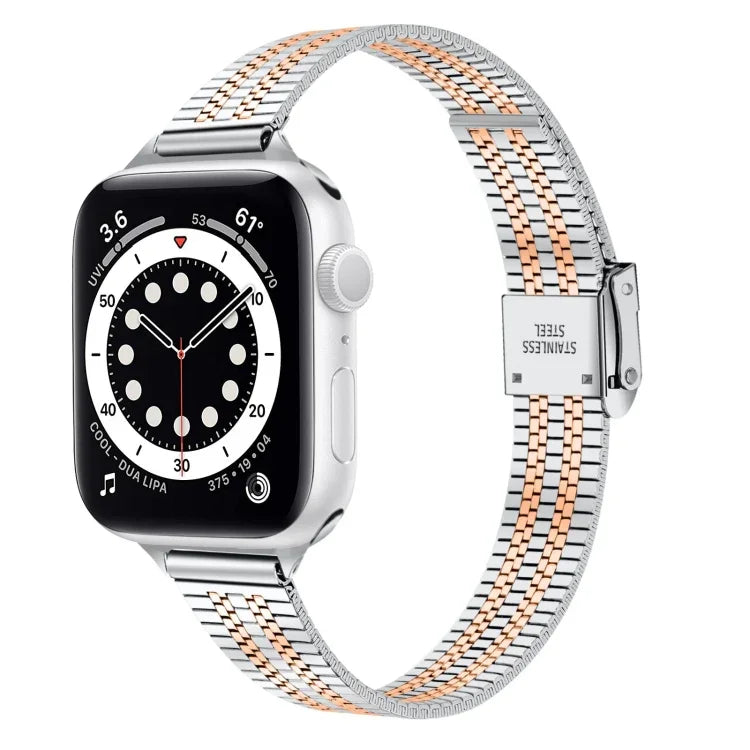 Dây đồng hồ thay thế thép mảnh khóa an toàn đôi bảy hạt 14mm cho Apple Watch Series, 7 41mm / 6 & SE & 5 & 4 40mm / 3 & 2 & 1 38mm, 7 45mm / 6 & SE & 5 & 4 44mm / 3 & 2 & 1 42mm