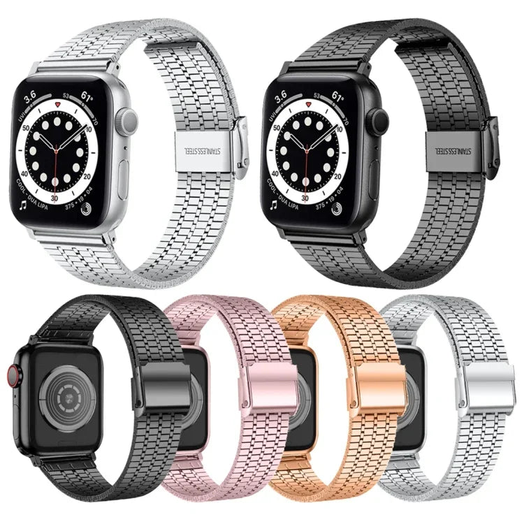 Dây đồng hồ thay thế thép khóa an toàn đôi bảy hạt cho Apple Watch Series, 7 41mm / 6 & SE & 5 & 4 40mm / 3 & 2 & 1 38mm, 7 45mm / 6 & SE & 5 & 4 44mm / 3 & 2 & 1 42mm