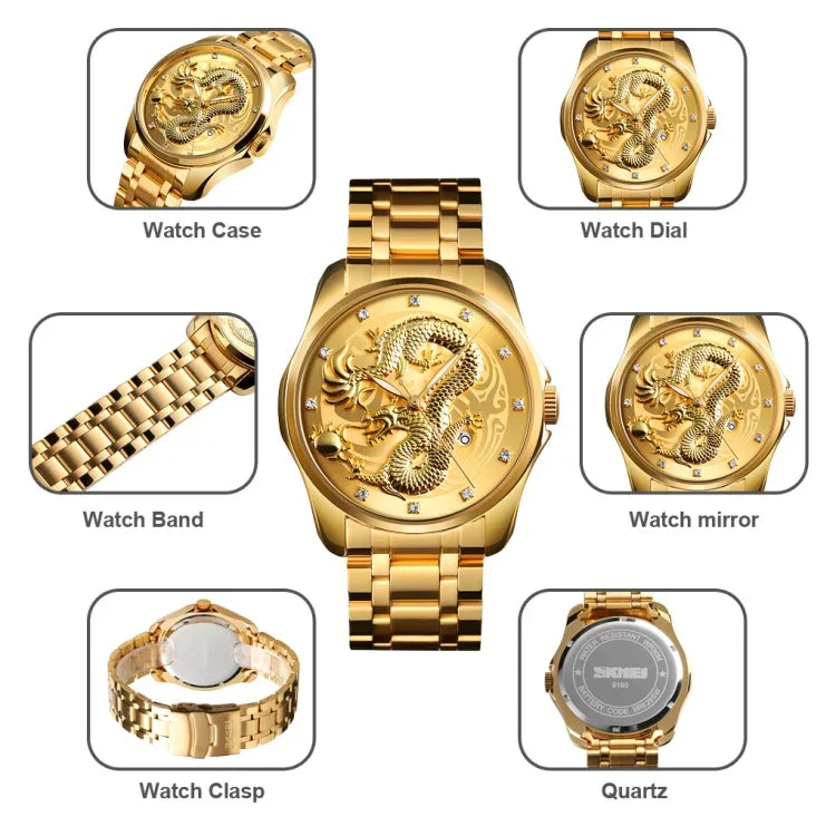 Đồng hồ quartz phát sáng SKMEI 9193 nam mặt số họa tiết rồng vàng lịch ngày