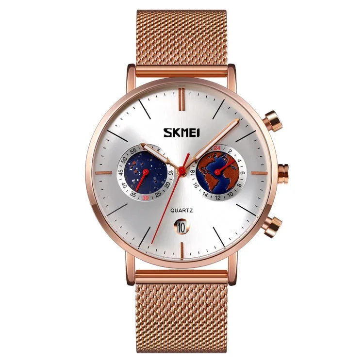 Đồng hồ quartz SKMEI 9231 nam mặt số họa tiết bản đồ lịch ngày dây thép không gỉ