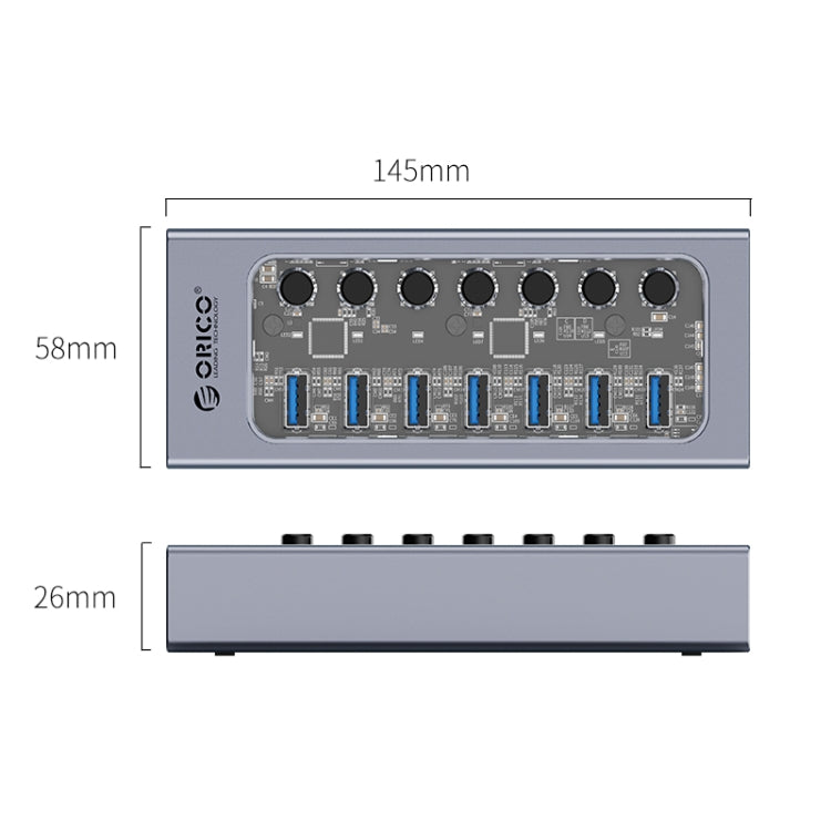 ORICO AT2U3-7AB-GY-BP Bộ chia USB HUB đa cổng 7 trong 1 bằng hợp kim nhôm với các công tắc riêng biệt, phích cắm EU, phích cắm UK, phích cắm AU