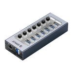 ORICO AT2U3-7AB-GY-BP Bộ chia USB HUB đa cổng 7 trong 1 bằng hợp kim nhôm với các công tắc riêng biệt, phích cắm EU, phích cắm UK, phích cắm AU