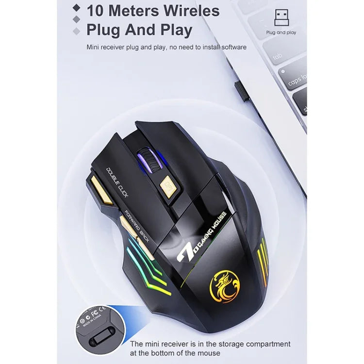 Chuột chơi game không dây sạc im lặng 7 nút iMICE GW-X7 với đèn RGB nhiều màu, GW-X7 2.4G