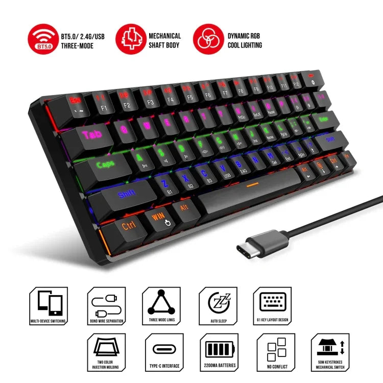 Bàn phím cơ ba chế độ HXSJ L800 61 phím Bluetooth 5.0 / 2.4G không dây / có dây Type-C, phím xanh