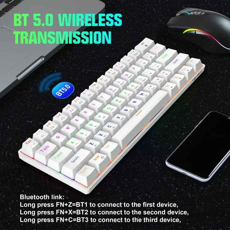 Bàn phím cơ ba chế độ HXSJ L800 61 phím Bluetooth 5.0 / 2.4G không dây / có dây Type-C, phím xanh