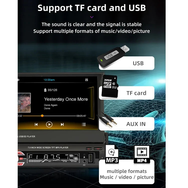 Máy phát MP5 ô tô 7 inch HD 9601C màn hình thu hồi thủ công đa năng với Carplay, hỗ trợ FM & Bluetooth & Thẻ TF, 9601C