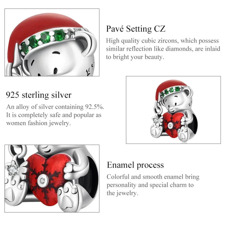 Hạt bạc S925 Sterling hình gấu Giáng sinh phụ kiện vòng tay vòng cổ tự làm, SCC2035
