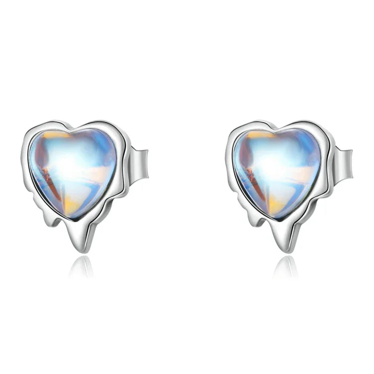 Bông tai nữ bạc S925 Sterling hình trái tim đá mặt trăng, Trái tim đá mặt trăng