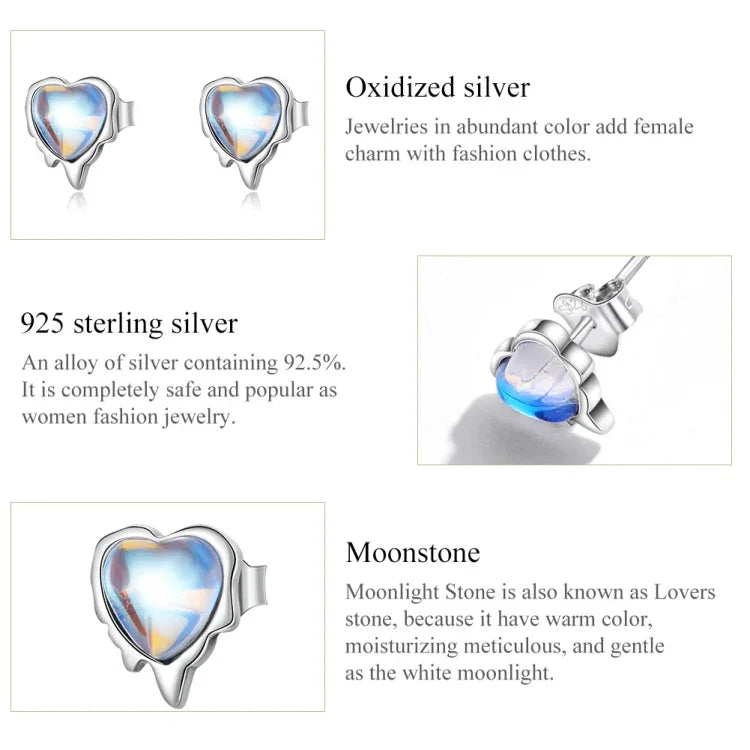 Bông tai nữ bạc S925 Sterling hình trái tim đá mặt trăng, Trái tim đá mặt trăng