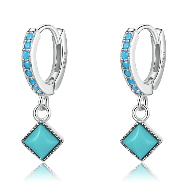 Bông tai nữ bạc S925 Sterling hình thoi đá turquoise, Hình thoi đá turquoise