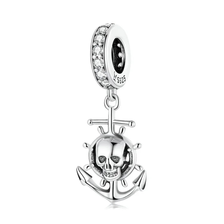 Mặt dây chuyền bạc S925 Sterling hình đầu lâu cướp biển và tàu phụ kiện vòng tay vòng cổ tự làm, Đầu lâu cướp biển và tàu