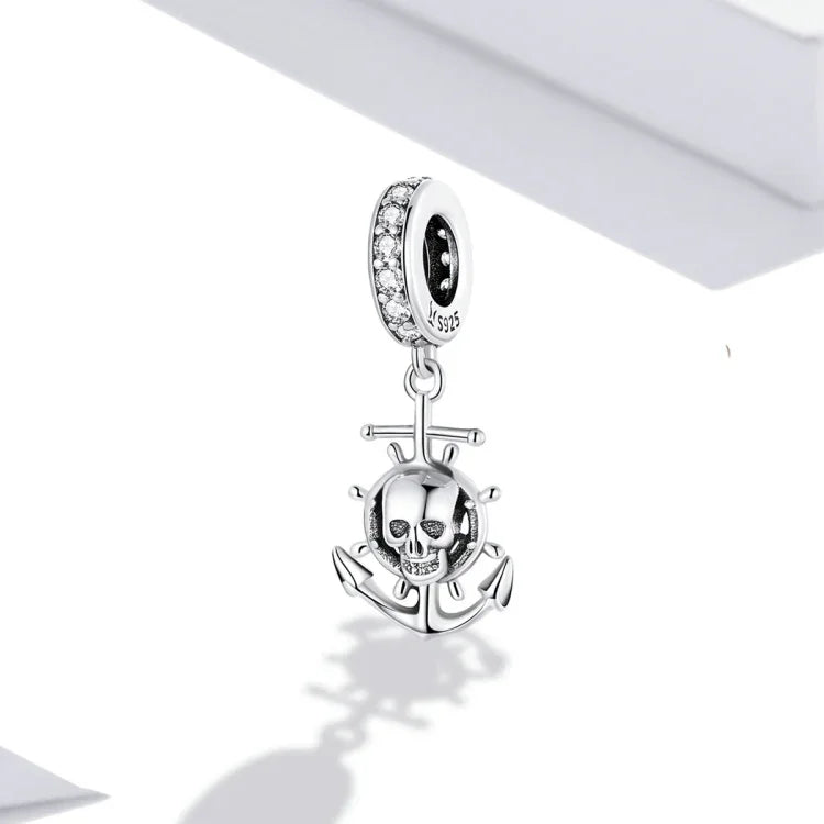 Mặt dây chuyền bạc S925 Sterling hình đầu lâu cướp biển và tàu phụ kiện vòng tay vòng cổ tự làm, Đầu lâu cướp biển và tàu