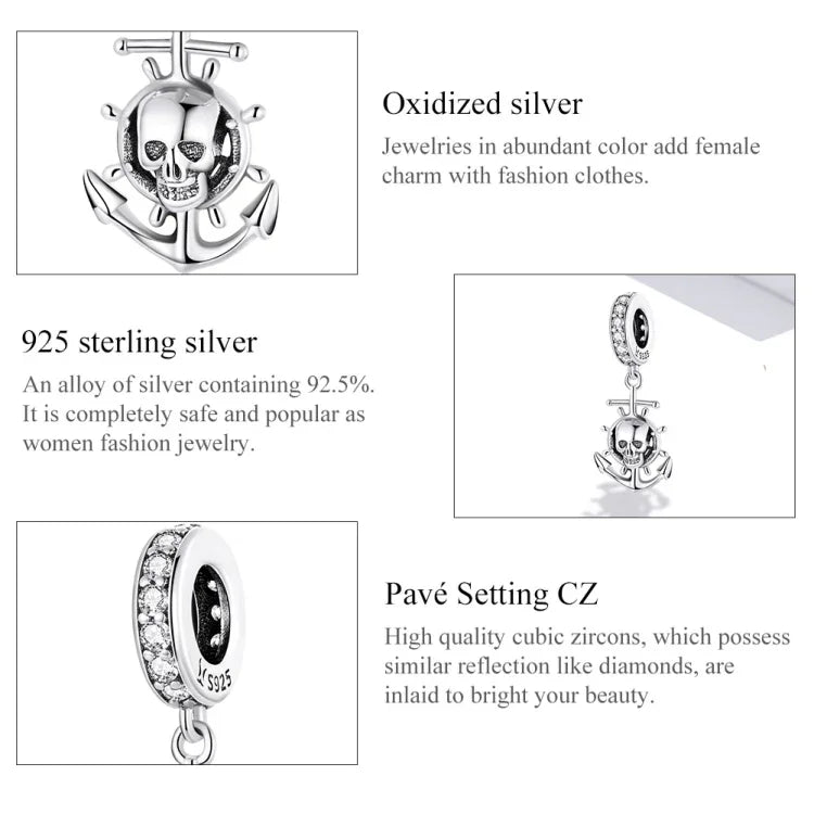 Mặt dây chuyền bạc S925 Sterling hình đầu lâu cướp biển và tàu phụ kiện vòng tay vòng cổ tự làm, Đầu lâu cướp biển và tàu