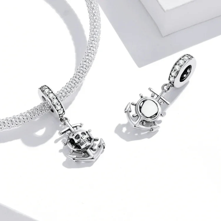 Mặt dây chuyền bạc S925 Sterling hình đầu lâu cướp biển và tàu phụ kiện vòng tay vòng cổ tự làm, Đầu lâu cướp biển và tàu