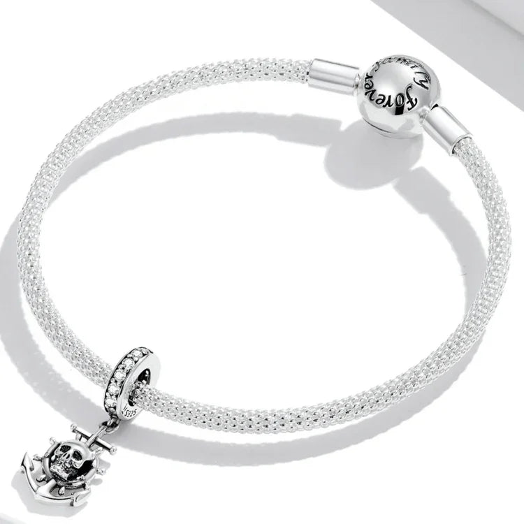Mặt dây chuyền bạc S925 Sterling hình đầu lâu cướp biển và tàu phụ kiện vòng tay vòng cổ tự làm, Đầu lâu cướp biển và tàu