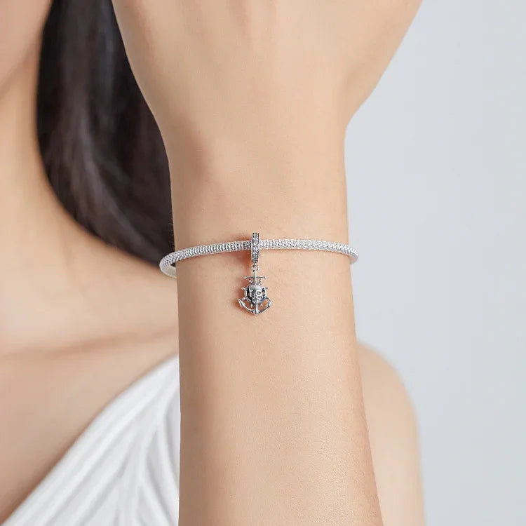 Mặt dây chuyền bạc S925 Sterling hình đầu lâu cướp biển và tàu phụ kiện vòng tay vòng cổ tự làm, Đầu lâu cướp biển và tàu