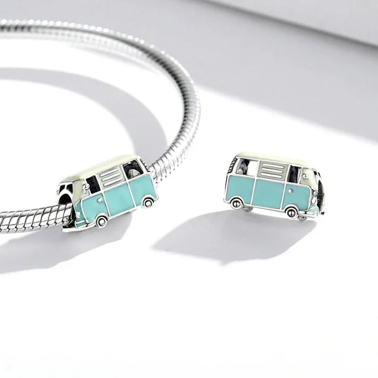 Hạt bạc S925 Sterling hình xe buýt mini phụ kiện vòng tay vòng cổ tự làm, Xe buýt mini