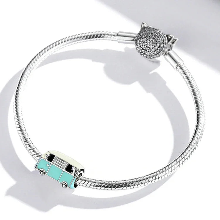 Hạt bạc S925 Sterling hình xe buýt mini phụ kiện vòng tay vòng cổ tự làm, Xe buýt mini