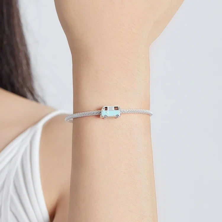 Hạt bạc S925 Sterling hình xe buýt mini phụ kiện vòng tay vòng cổ tự làm, Xe buýt mini