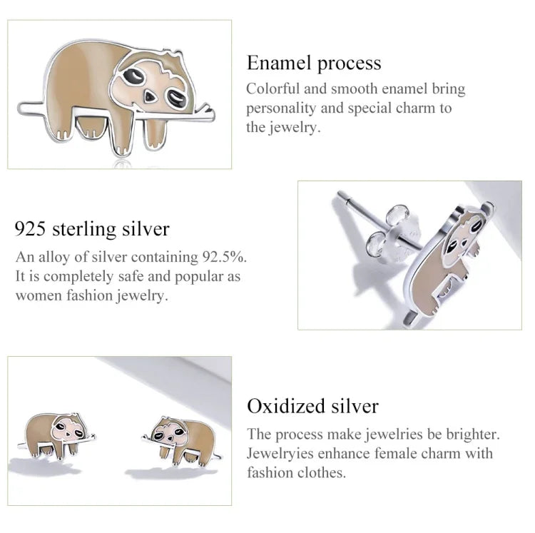 Bông tai nữ bạc S925 Sterling hình con lười dễ thương, Con lười dễ thương