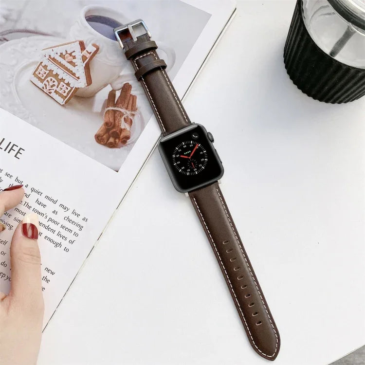 Dây đồng hồ thay thế da may cho Apple Watch Series, 7 41mm / 6&SE&5&4 40mm / 3&2&1 38mm, 7 45mm / 6&SE&5&4 44mm / 3&2&1 42mm