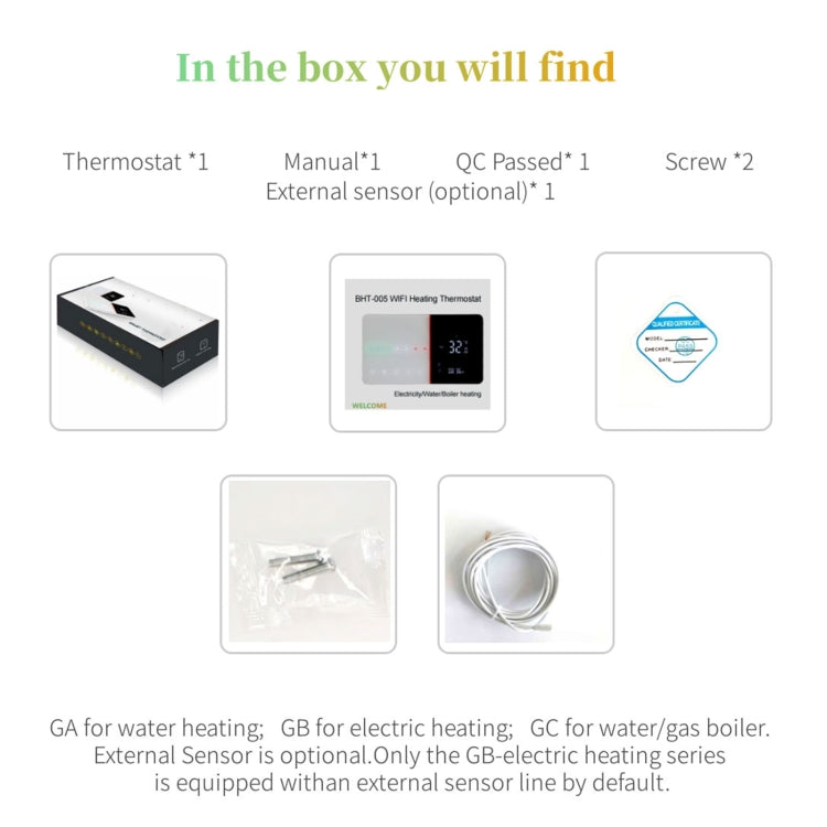 Bộ điều nhiệt sưởi nhà thông minh 220V AC 3A BHT-005-GC cho hộp EU, điều khiển nồi hơi chỉ với cảm biến bên trong, BHT-005-GC