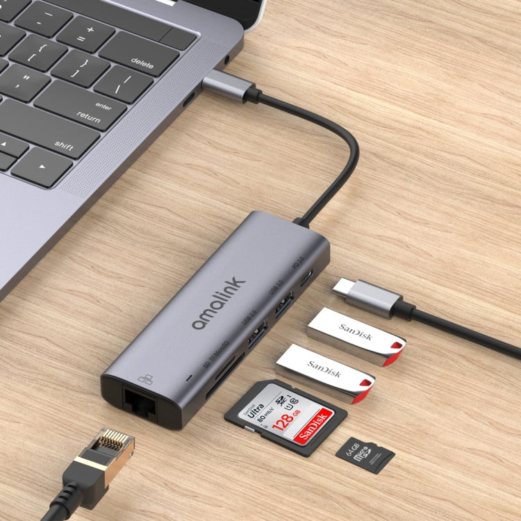 Bộ chia đa chức năng amalink 95122D Type-C / USB-C sang RJ45 + 2 cổng USB + PD 3.0, mã 95122D