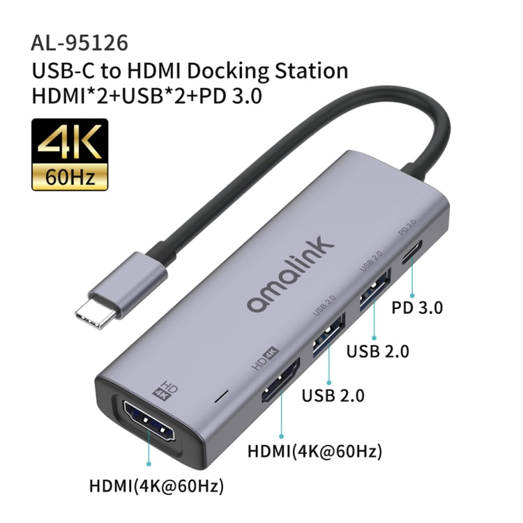 Bộ chia đa chức năng amalink 95126 Type-C / USB-C sang HDMI kép + 2 cổng USB + PD 3.0, mã 95126