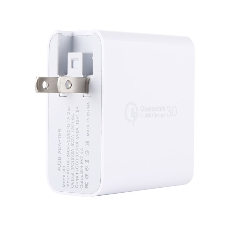 Sạc du lịch A3 PD 18W USB-C / Type-C + QC3.0 USB + giao diện USB đôi, phích cắm US, phích cắm EU, phích cắm UK