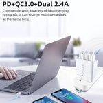 Sạc du lịch A3 PD 18W USB-C / Type-C + QC3.0 USB + giao diện USB đôi, phích cắm US, phích cắm EU, phích cắm UK