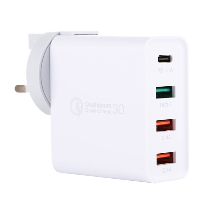 Sạc du lịch A3 PD 18W USB-C / Type-C + QC3.0 USB + giao diện USB đôi, phích cắm US, phích cắm EU, phích cắm UK