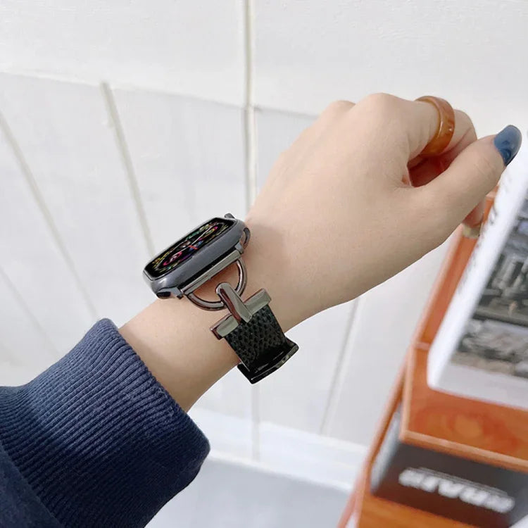 Dây đeo thép hình chữ D + da thật cho Apple Watch Series, 7 41mm / 6&SE&5&4 40mm / 3&2&1 38mm, 7 45mm / 6&SE&5&4 44mm / 3&2&1 42mm